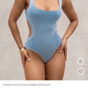 JLUXLABEL Deana Ribbed Bodysuit - Denim Blue/White Trim